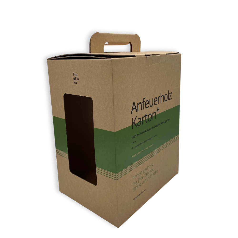 Stabiler Anfeuerholz Karton mit Sichtfenster. Ideal für Verkauf und Transport