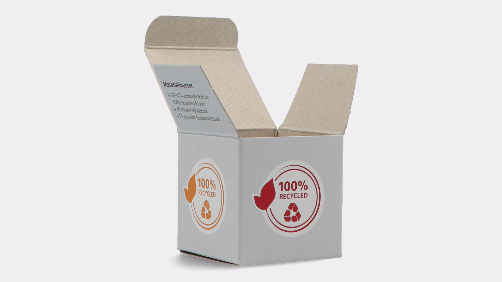 100 Prozent Recycling Faltschachtelkarton weiß mit 4c-Druck