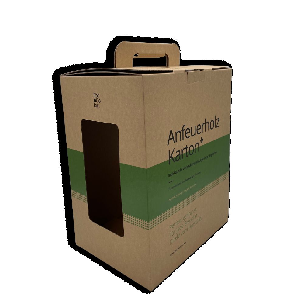Stabiler Anfeuerholz Karton mit Sichtfenster. Ideal für Verkauf und Transport.