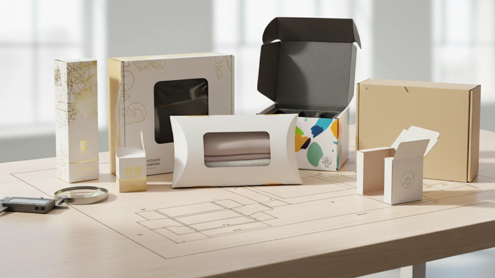 Selection of various folding boxes on table