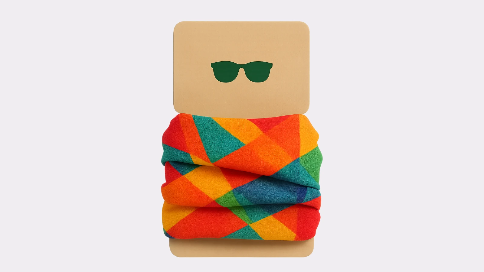 Verpackungskarte aus Karton mit farbigem Kinderschal oder Multifunktionstuch, auffällig und kompakt präsentiert
