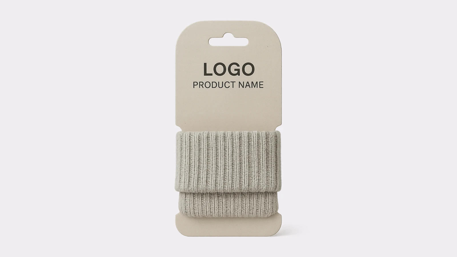 Minimalist packaging card with a folded textile product, ideal for cuffs, headbands or loops