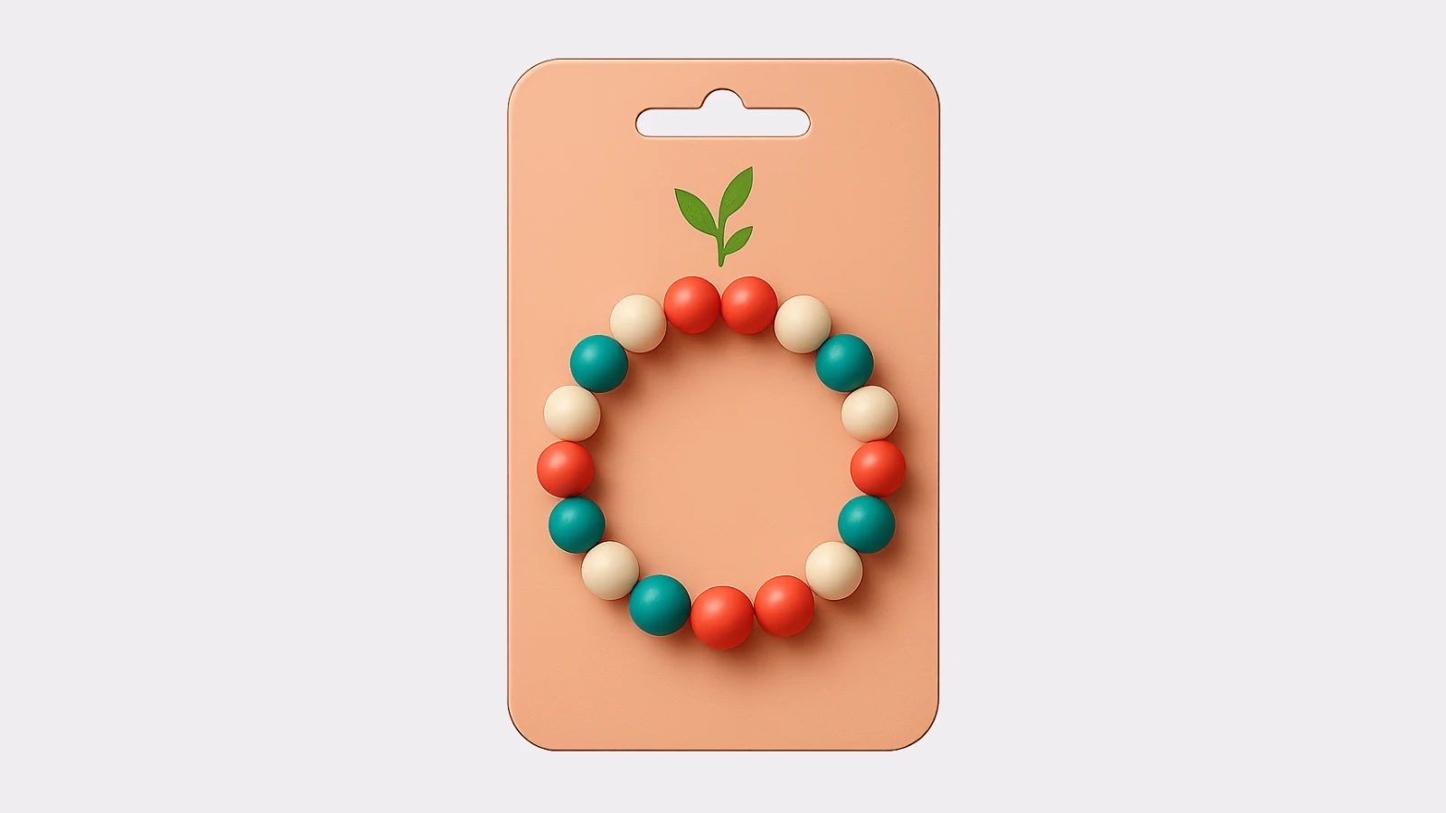 Colorful packaging card featuring a circular baby bracelet or teething ring made of beads