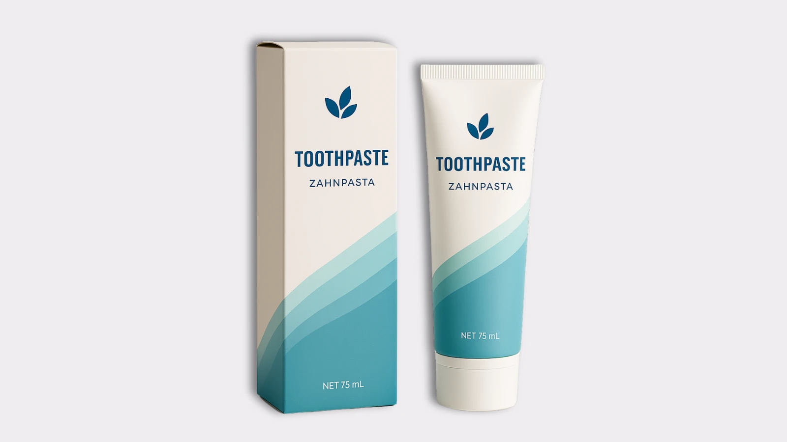 Boîte de dentifrice et tube au design bleu-vert moderne avec un symbole de feuille