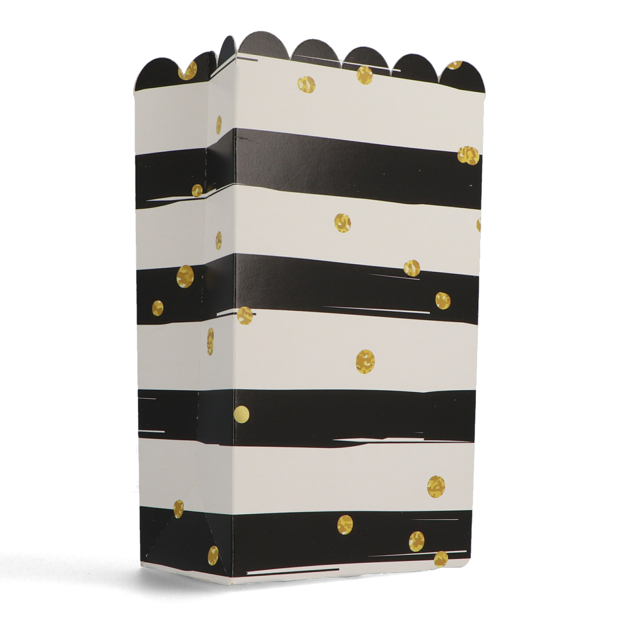 Popcorn bag printed with gold dots and black stripes