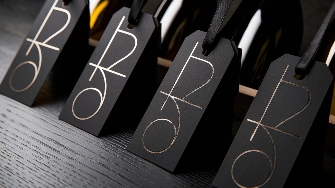 Hangtags with gold embossing on black cardboard