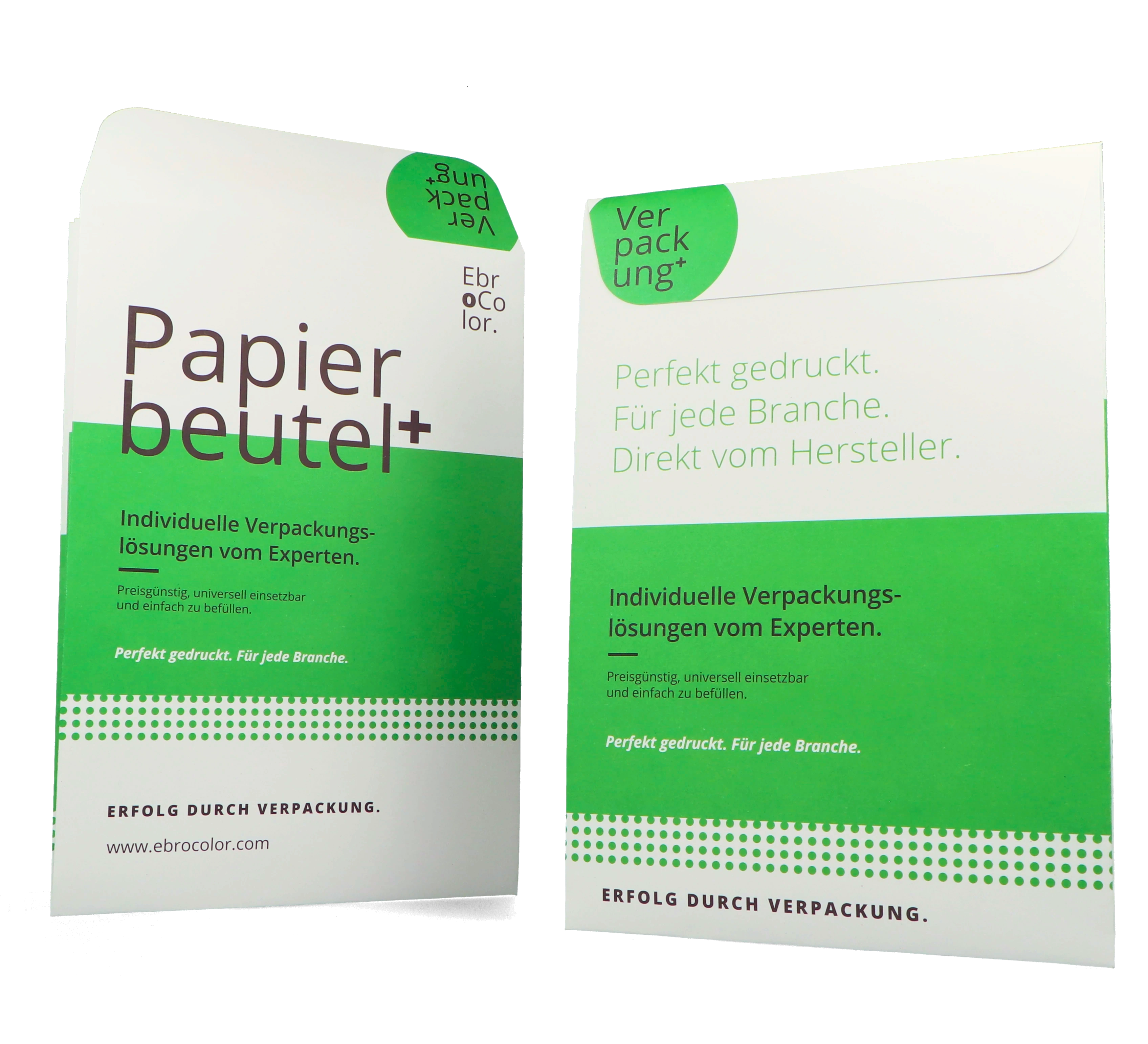 Bedruckter Papierbeutel aus weißem Papier mit grünem Druckdesign von Ebro Color